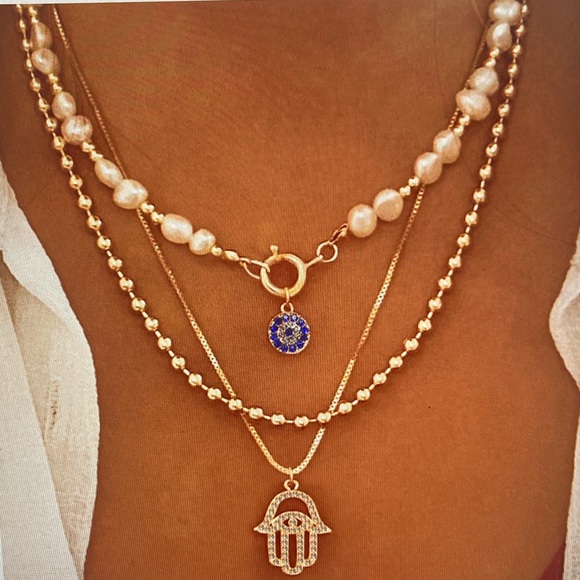 Jewelry - Gold Layered Pearl Necklace Set with Blue Pendant and Hamsa Charm